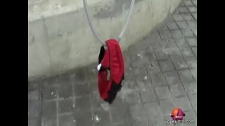 Sexy Japanese brunette gets fingered and tied up to some bike chain