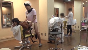 Real Japanese hair salon doggystyle sex with stylist while working